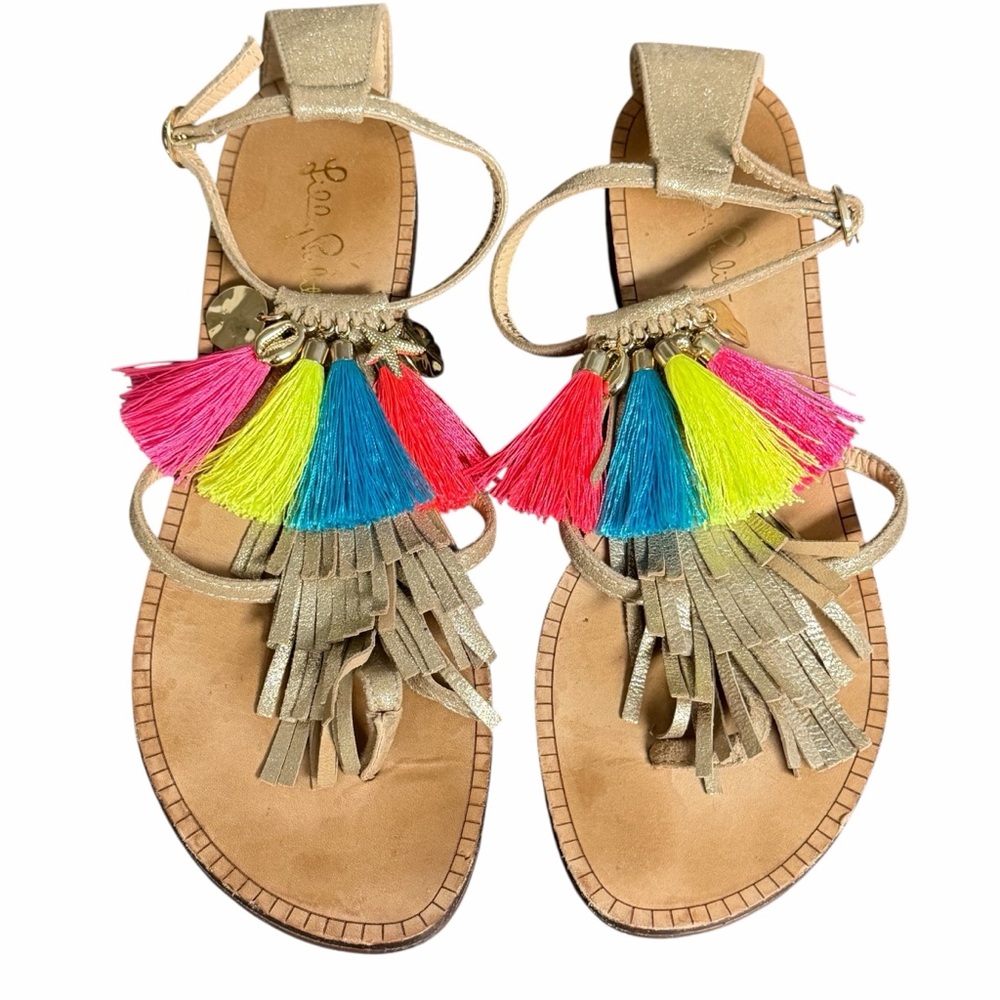 Lilly Pulitzer Zoe Thong‎ Sandals Metallic Gold Leather Tassel Charm Womens 7